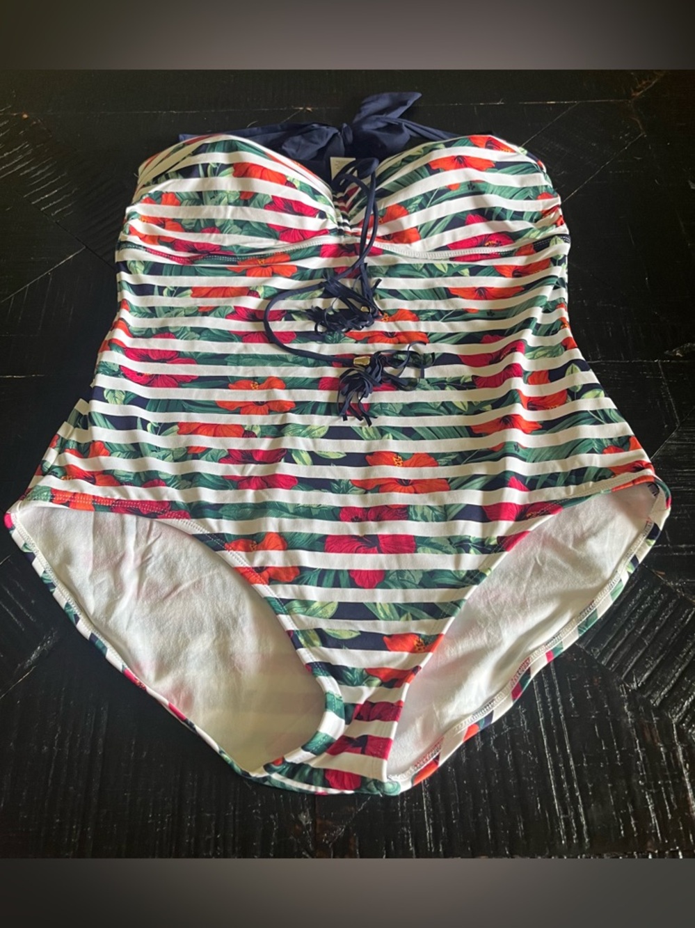 Tommy Bahama Women’s Navy Striped Floral Print One-Piece Swimsuit Size 16